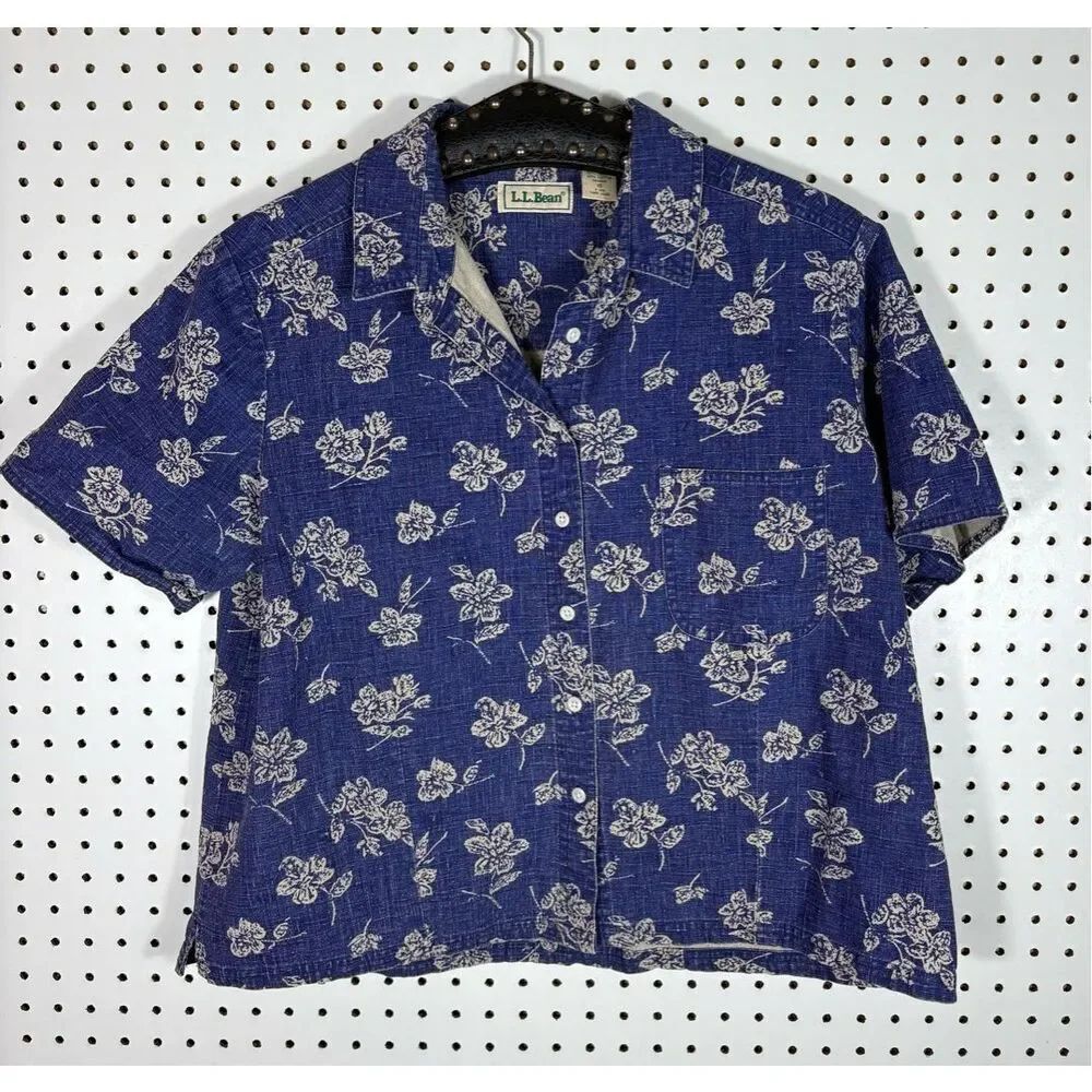 L.L Bean floral linen blend oversized cropped button down top size 16